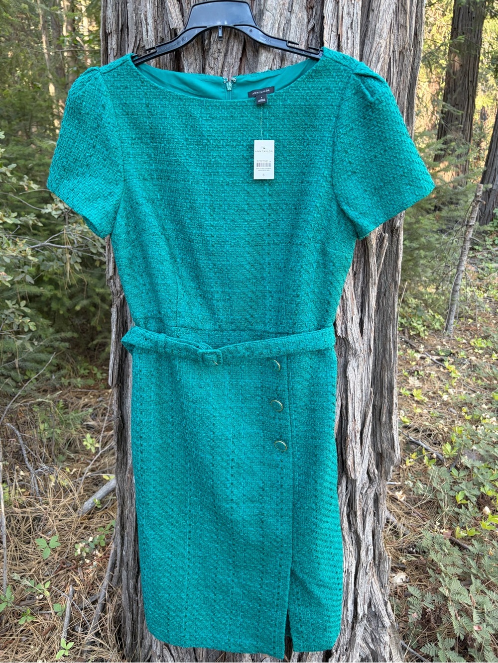 Ann Taylor Teal Tweed Belted Sheath Dress
